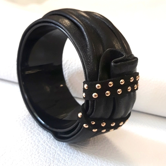 Black Leather Bangle Bracelet/ 90's/Handcrafted/ Statement Bracelet - Picture 3 of 16